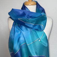 Load image into Gallery viewer, Abstract Design Silk Long Scarf in Shades of Blues : Hand Painted by Designer Silk Artist
