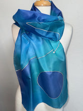 Load image into Gallery viewer, Abstract Design Silk Long Scarf in Shades of Blues : Hand Painted by Designer Silk Artist
