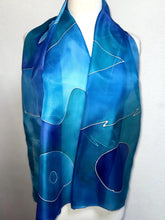 Load image into Gallery viewer, Abstract Design Silk Long Scarf in Shades of Blues : Hand Painted by Designer Silk Artist

