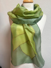 Load image into Gallery viewer, Flames Design Long Scarf in Shades of Green : Hand Painted Silk
