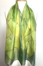 Load image into Gallery viewer, Flames Design Long Scarf in Shades of Green : Hand Painted Silk
