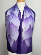 Load image into Gallery viewer, Flames Design Hand Painted Silk Neck Scarf in Purples Silver by Designer Silk Artist
