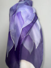 Load image into Gallery viewer, Flames Design Hand Painted Silk Neck Scarf in Purples Silver by Designer Silk Artist
