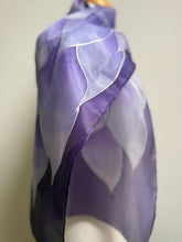 Load image into Gallery viewer, Flames Design Hand Painted Silk Neck Scarf in Purples Silver by Designer Silk Artist
