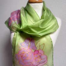 Load image into Gallery viewer, Gardenias Hand Painted Silk Neck Scarf in Green Pink Gold by Designer Silk Artist
