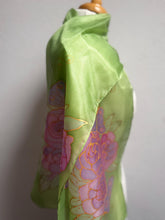 Load image into Gallery viewer, Gardenias Hand Painted Silk Neck Scarf in Green Pink Gold by Designer Silk Artist
