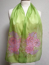 Load image into Gallery viewer, Gardenias Hand Painted Silk Neck Scarf in Green Pink Gold by Designer Silk Artist
