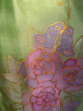 Load image into Gallery viewer, Gardenias Hand Painted Silk Neck Scarf in Green Pink Gold by Designer Silk Artist
