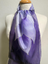 Load image into Gallery viewer, Flames Design Hand Painted Silk Neck Scarf in Purples Silver by Designer Silk Artist
