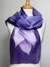 Load image into Gallery viewer, Flames Design Hand Painted Silk Neck Scarf in Purples Silver by Designer Silk Artist
