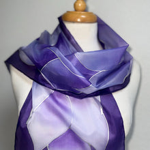 Load image into Gallery viewer, Flames Design Hand Painted Silk Neck Scarf in Purples Silver by Designer Silk Artist
