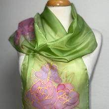 Load image into Gallery viewer, Gardenias Hand Painted Silk Neck Scarf in Green Pink Gold by Designer Silk Artist

