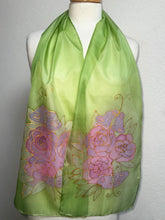 Load image into Gallery viewer, Gardenias Hand Painted Silk Neck Scarf in Green Pink Gold by Designer Silk Artist
