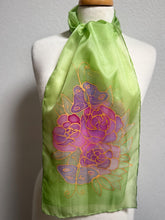 Load image into Gallery viewer, Gardenias Hand Painted Silk Neck Scarf in Green Pink Gold by Designer Silk Artist
