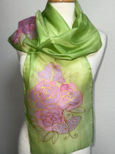 Load image into Gallery viewer, Gardenias Hand Painted Silk Neck Scarf in Green Pink Gold by Designer Silk Artist
