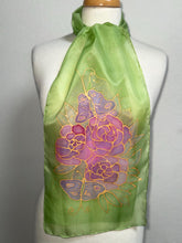 Load image into Gallery viewer, Gardenias Hand Painted Silk Neck Scarf in Green Pink Gold by Designer Silk Artist
