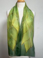 Load image into Gallery viewer, Flames Design Hand Painted Silk Neck Scarf in Greens Gold by Designer Silk Artist
