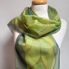 Load image into Gallery viewer, Flames Design Hand Painted Silk Neck Scarf in Greens Gold by Designer Silk Artist
