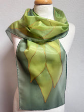 Load image into Gallery viewer, Flames Design Hand Painted Silk Neck Scarf in Greens Gold by Designer Silk Artist
