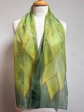 Load image into Gallery viewer, Flames Design Hand Painted Silk Neck Scarf in Greens Gold by Designer Silk Artist
