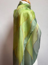 Load image into Gallery viewer, Flames Design Hand Painted Silk Neck Scarf in Greens Gold by Designer Silk Artist
