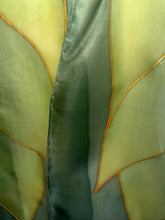 Load image into Gallery viewer, Flames Design Hand Painted Silk Neck Scarf in Greens Gold by Designer Silk Artist
