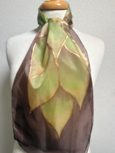 Load image into Gallery viewer, Flames Design Hand Painted Silk Neck Scarf in Chocolate Brown Greens Copper by Designer Silk Artist
