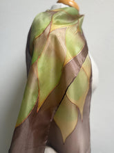Load image into Gallery viewer, Flames Design Hand Painted Silk Neck Scarf in Chocolate Brown Greens Copper by Designer Silk Artist
