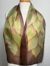 Load image into Gallery viewer, Flames Design Hand Painted Silk Neck Scarf in Chocolate Brown Greens Copper by Designer Silk Artist
