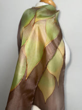 Load image into Gallery viewer, Flames Design Hand Painted Silk Neck Scarf in Chocolate Brown Greens Copper by Designer Silk Artist
