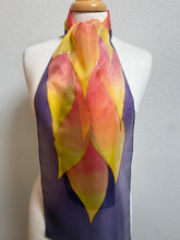 Load image into Gallery viewer, Flames Design Hand Painted Silk Neck Scarf in Purple Fiery Shades by Designer Silk Artist
