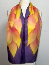 Load image into Gallery viewer, Flames Design Hand Painted Silk Neck Scarf in Purple Fiery Shades by Designer Silk Artist
