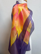 Load image into Gallery viewer, Flames Design Hand Painted Silk Neck Scarf in Purple Fiery Shades by Designer Silk Artist
