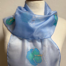 Load image into Gallery viewer, Sweet Peas Design Silk Neck Scarf in Pale Blue Silver by Designer Silk Artist
