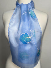 Load image into Gallery viewer, Sweet Peas Design Silk Neck Scarf in Pale Blue Silver by Designer Silk Artist
