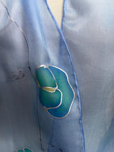 Load image into Gallery viewer, Sweet Peas Design Silk Neck Scarf in Pale Blue Silver by Designer Silk Artist
