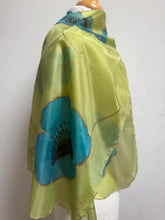 Load image into Gallery viewer, Poppies Design Long Scarf : Hand Painted Silk in Chartreuse Turquoise Copper
