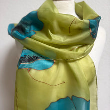 Load image into Gallery viewer, Poppies Design Long Scarf : Hand Painted Silk in Chartreuse Turquoise Copper
