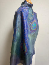 Load image into Gallery viewer, Peacock Feathers Design Long Scarf : Hand Painted Silk in Blues Navy Green Copper by Designer Silk Artist
