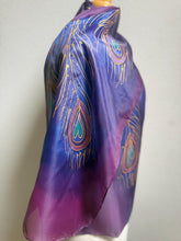 Load image into Gallery viewer, Peacock Feathers Design Long Scarf : Hand Painted Silk in Purple Navy Gold by Designer Silk Artist
