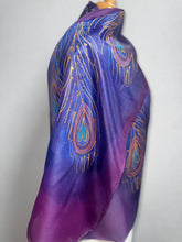 Load image into Gallery viewer, Peacock Feathers Design Long Scarf : Hand Painted Silk in Purple Navy Gold by Designer Silk Artist
