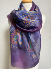 Load image into Gallery viewer, Peacock Feathers Design Long Scarf : Hand Painted Silk in Purple Navy Gold by Designer Silk Artist
