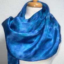 Load image into Gallery viewer, Hand Dyed Square Silk Scarf in Shades of Blue by Designer Silk Artist
