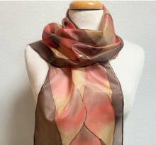 Load image into Gallery viewer, Flames Design Hand Painted Silk Neck Scarf in Brown Terracotta Copper by Designer Silk Artist
