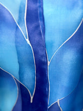 Load image into Gallery viewer, Flames Design Hand Painted Silk Neck Scarf in Cobalt Navy Blue Silver by Designer Silk Artist
