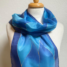 Load image into Gallery viewer, Flames Design Hand Painted Silk Neck Scarf in Cobalt Navy Blue Silver by Designer Silk Artist
