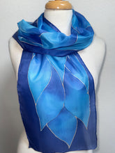 Load image into Gallery viewer, Flames Design Hand Painted Silk Neck Scarf in Cobalt Navy Blue Silver by Designer Silk Artist
