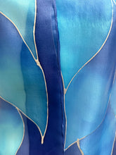 Load image into Gallery viewer, Flames Design Hand Painted Silk Neck Scarf in Cobalt Navy Blue Silver by Designer Silk Artist
