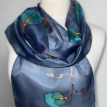 Load image into Gallery viewer, Sweet Peas Design Silk Neck Scarf in Navy Teal Copper by Designer Silk Artist
