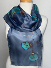Load image into Gallery viewer, Sweet Peas Design Silk Neck Scarf in Navy Teal Copper by Designer Silk Artist
